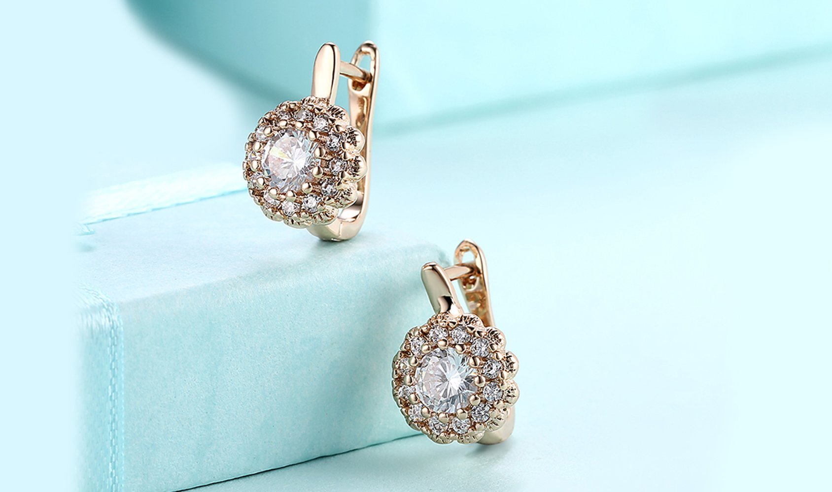 14K Gold Plating Large Floral White Pav'e Huggies ITALY Design - ItemBear.com