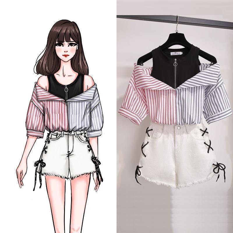 2021 summer all - match net red stitching striped short - sleeved shirt fake two - piece off - the - shoulder top women's jeans two - piece set - ItemBear.com