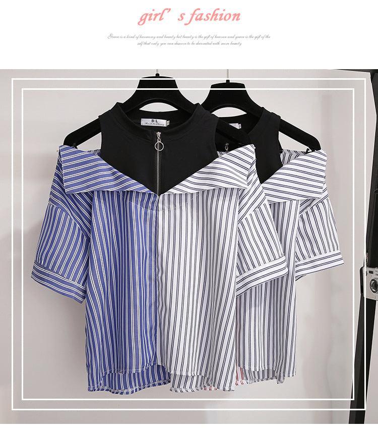 2021 summer all - match net red stitching striped short - sleeved shirt fake two - piece off - the - shoulder top women's jeans two - piece set - ItemBear.com