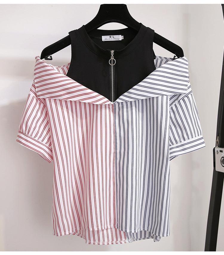 2021 summer all - match net red stitching striped short - sleeved shirt fake two - piece off - the - shoulder top women's jeans two - piece set - ItemBear.com