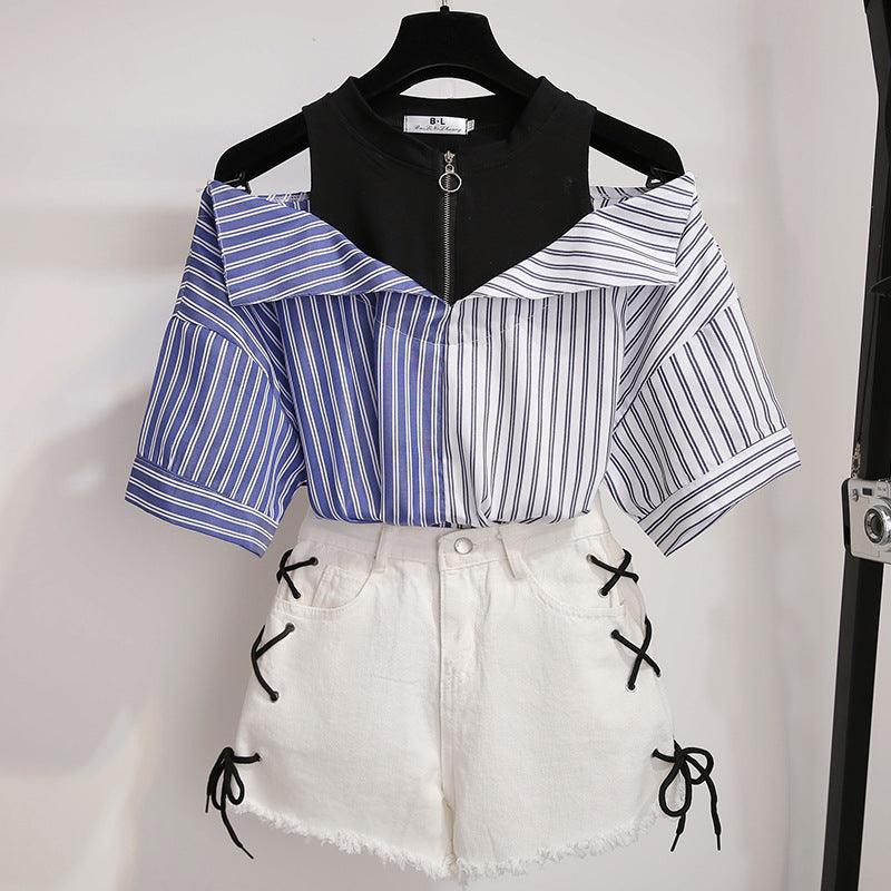 2021 summer all - match net red stitching striped short - sleeved shirt fake two - piece off - the - shoulder top women's jeans two - piece set - ItemBear.com