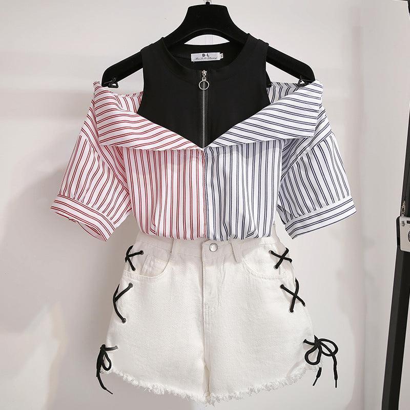 2021 summer all - match net red stitching striped short - sleeved shirt fake two - piece off - the - shoulder top women's jeans two - piece set - ItemBear.com