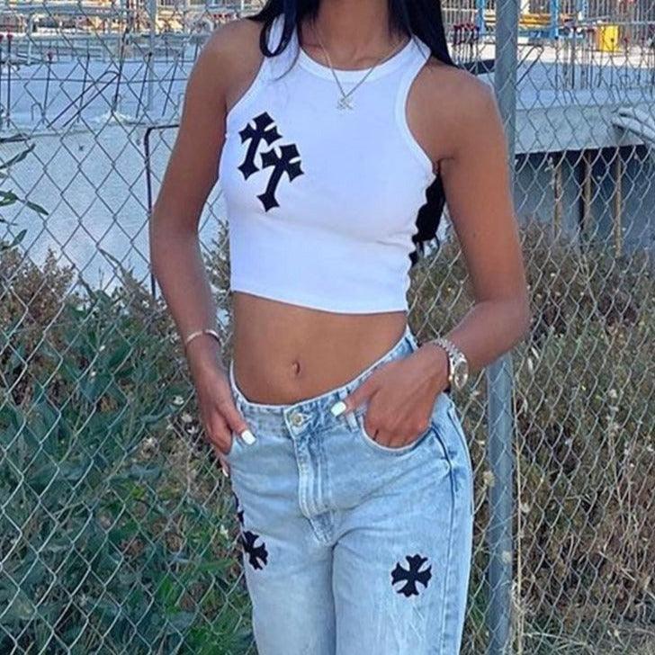 90s Goth Cross Printed Tank Top - ItemBear.com