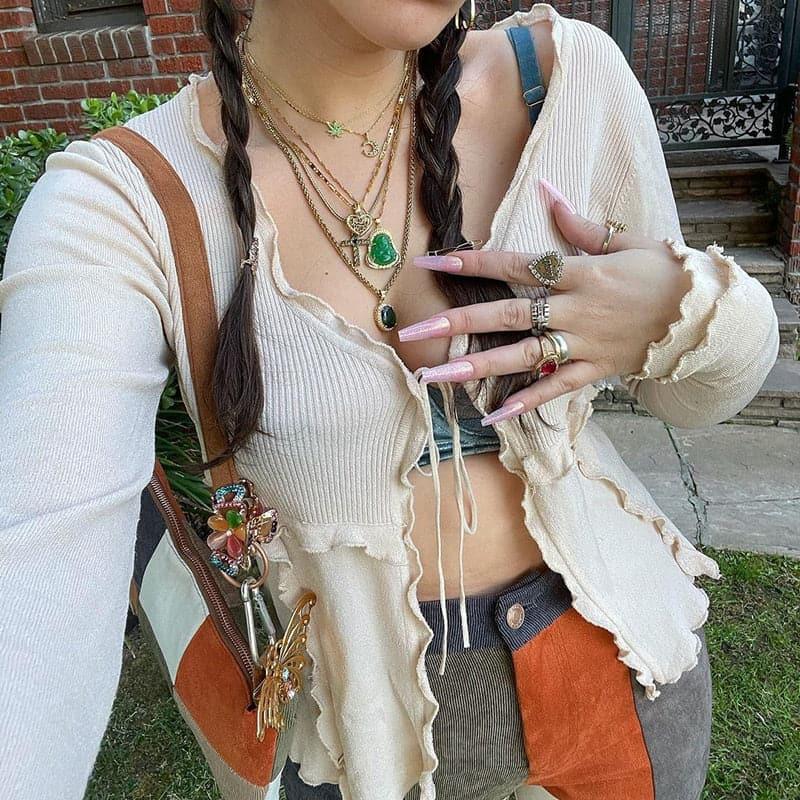 90s Vintage Indie Fairycore Knitted Casual Long - Sleeve Top - ItemBear.com