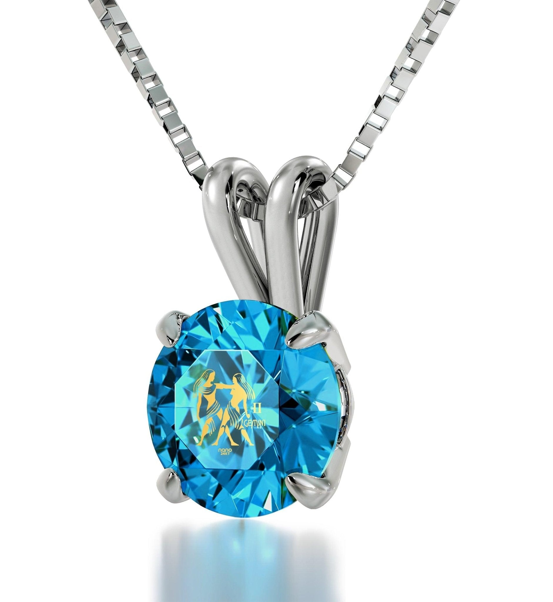 925 Sterling Silver Gemini Necklace Zodiac Pendant 24k Gold Inscribed on Crystal - ItemBear.com