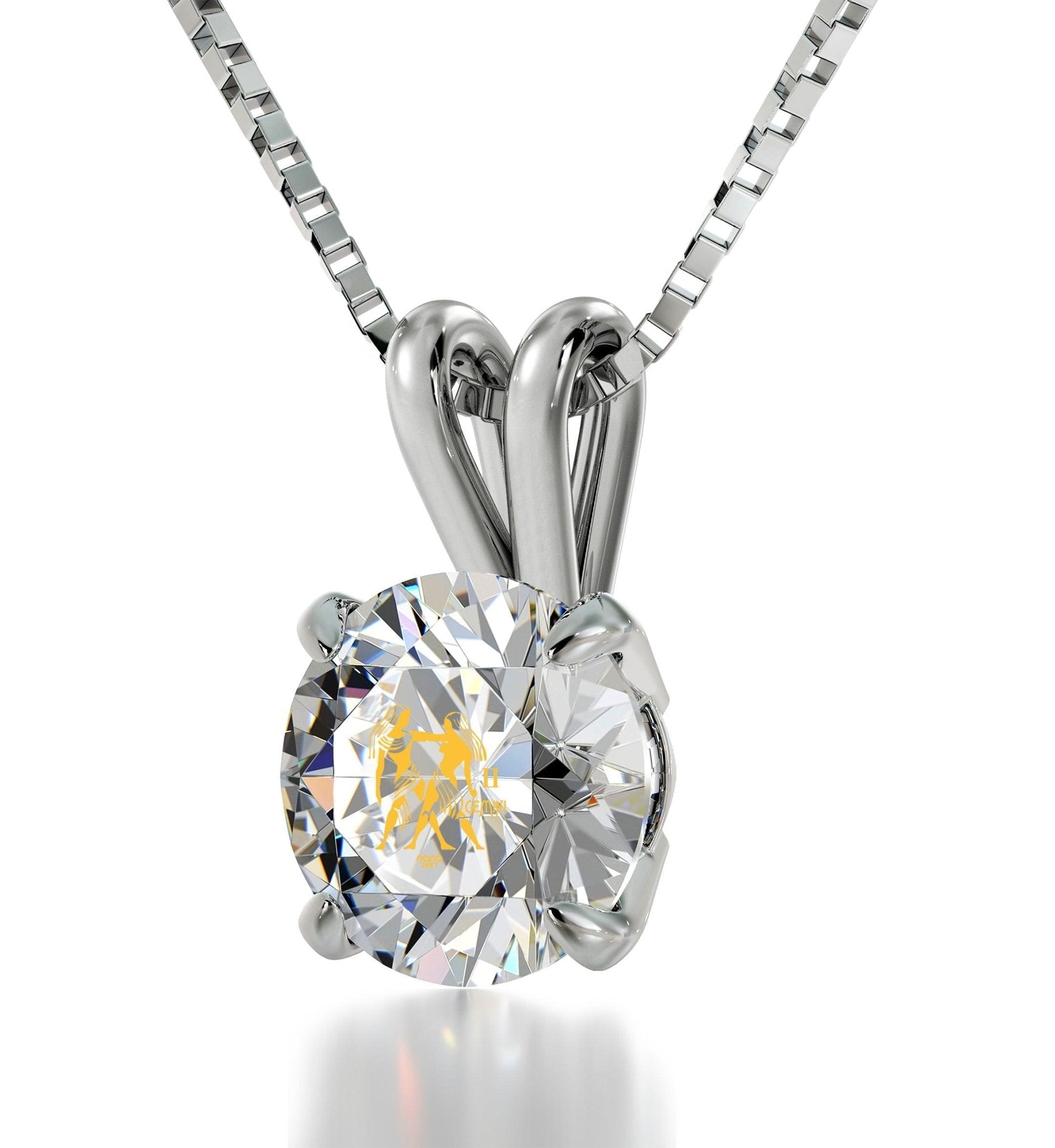 925 Sterling Silver Gemini Necklace Zodiac Pendant 24k Gold Inscribed on Crystal - ItemBear.com