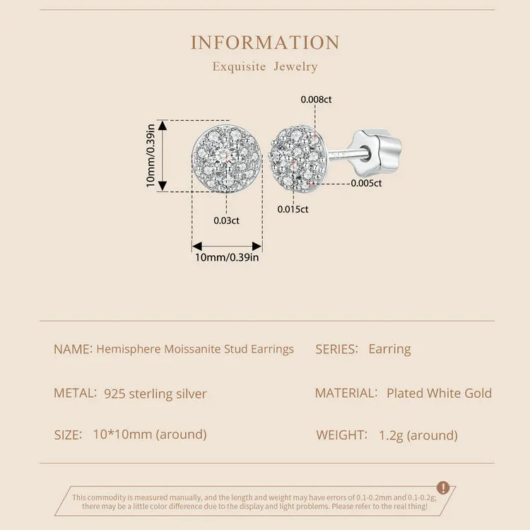 Bamoer U Semi-circle Moissanite Stud Earrings 3D Hemisphere Full Dazzling Lab Diamond Original for Mother's Day Jewelry Gift