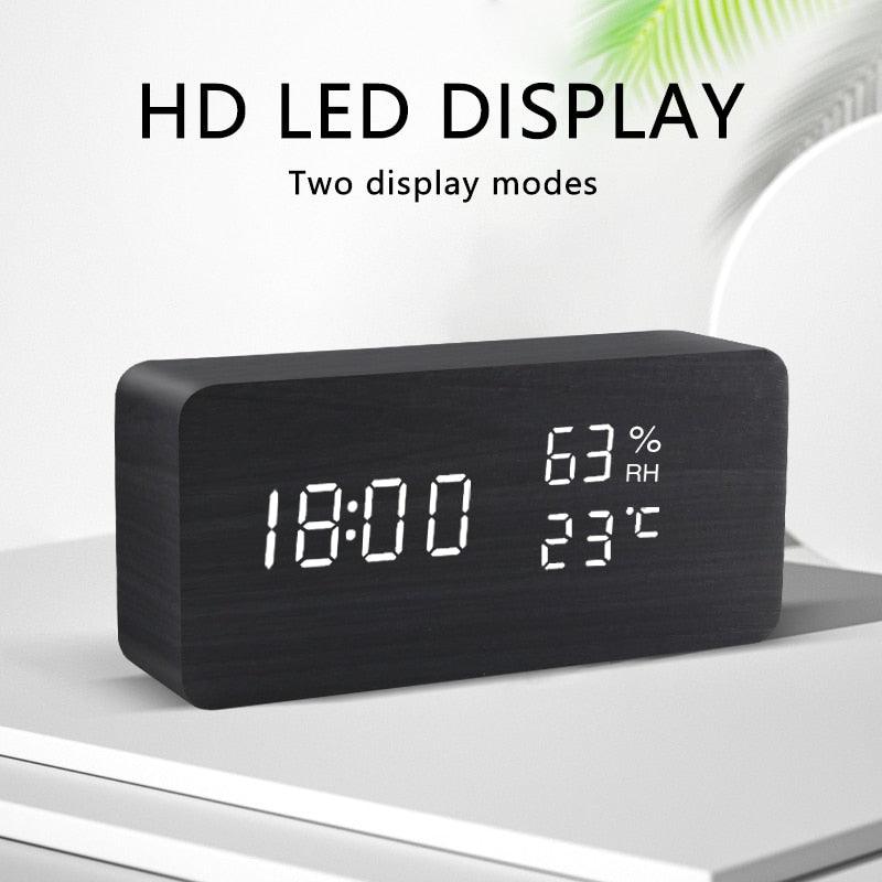 Alarm Clock LED Wooden Watch Table Voice Control Digital Wood Despertador USB/AAA Powered Electronic Desktop Clocks - ItemBear.com