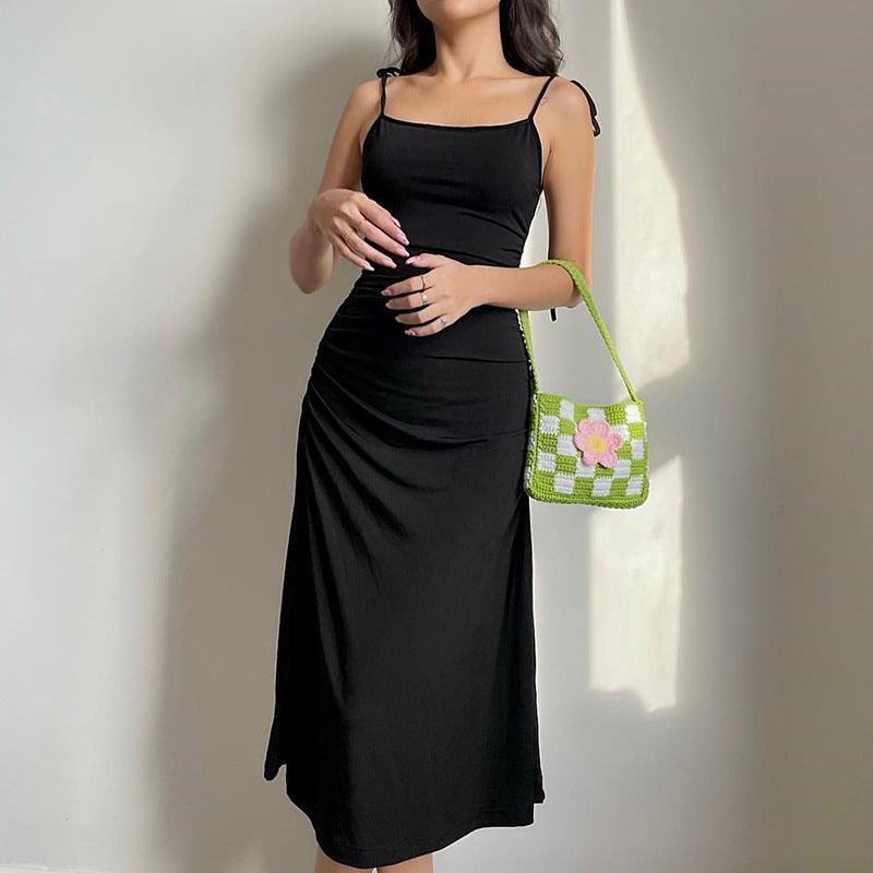 AliExpress Europe and the United States cross - border foreign trade women's side pleated sexy cross backless straps solid color suspender dress - ItemBear.com