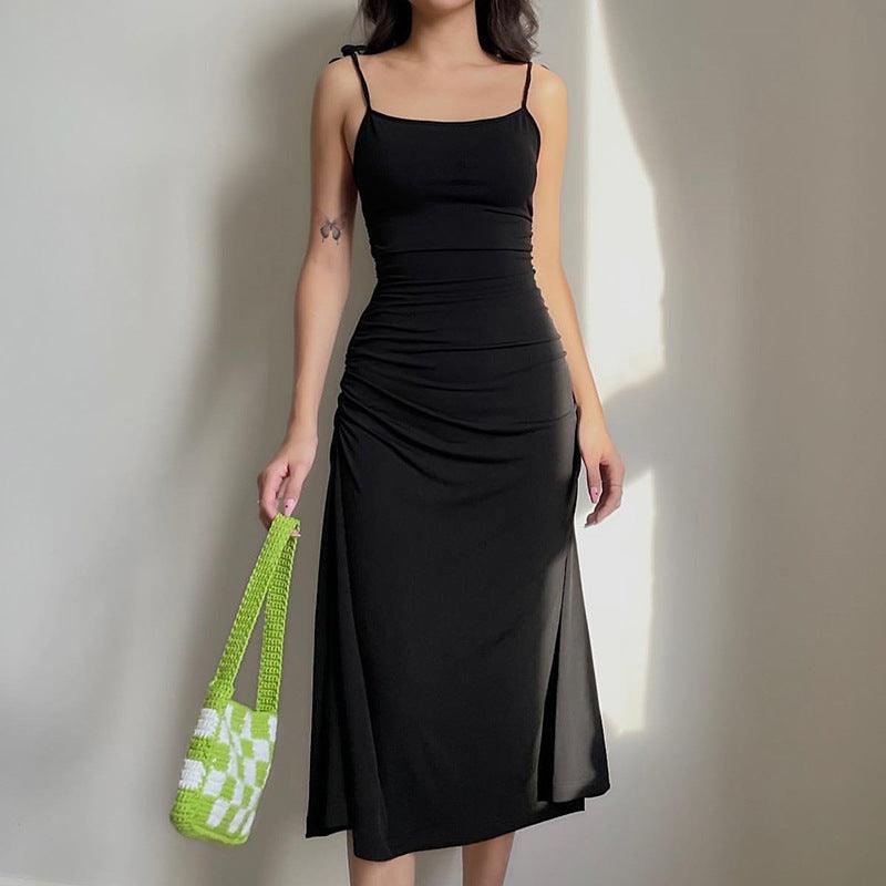AliExpress Europe and the United States cross - border foreign trade women's side pleated sexy cross backless straps solid color suspender dress - ItemBear.com