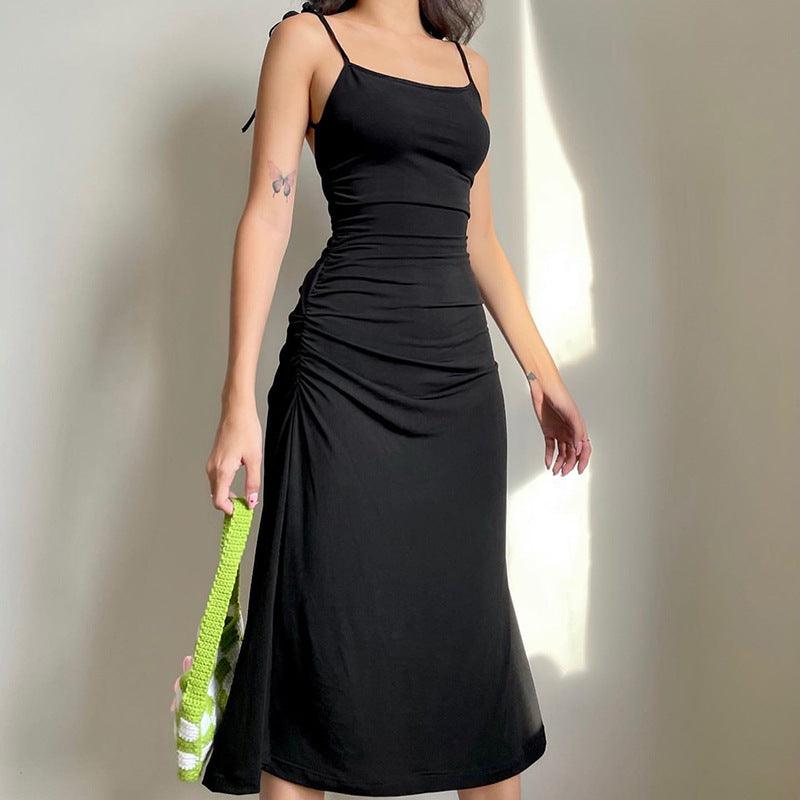 AliExpress Europe and the United States cross - border foreign trade women's side pleated sexy cross backless straps solid color suspender dress - ItemBear.com