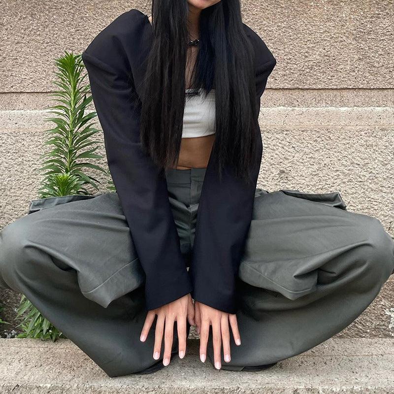 American retro green low - waist pocket overalls new street loose straight - type mopping casual trousers - ItemBear.com