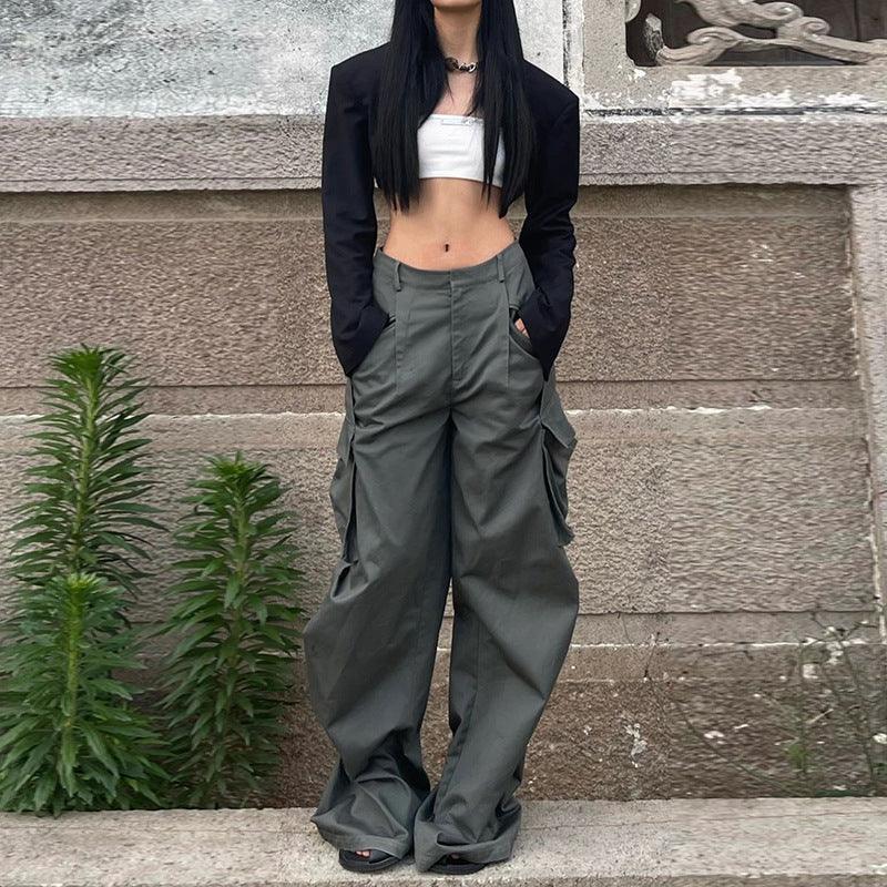 American retro green low - waist pocket overalls new street loose straight - type mopping casual trousers - ItemBear.com