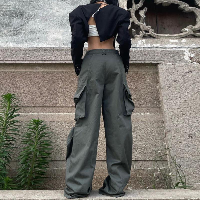 American retro green low - waist pocket overalls new street loose straight - type mopping casual trousers - ItemBear.com