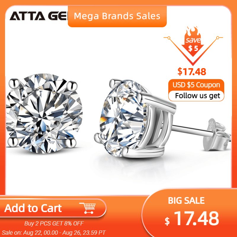 ATTAGEMS 2 Carat 8.0mm D Color Moissanite Stud Earrings For Women Top Quality 100% 925 Sterling Silver Sparkling Wedding Jewelry - ItemBear.com
