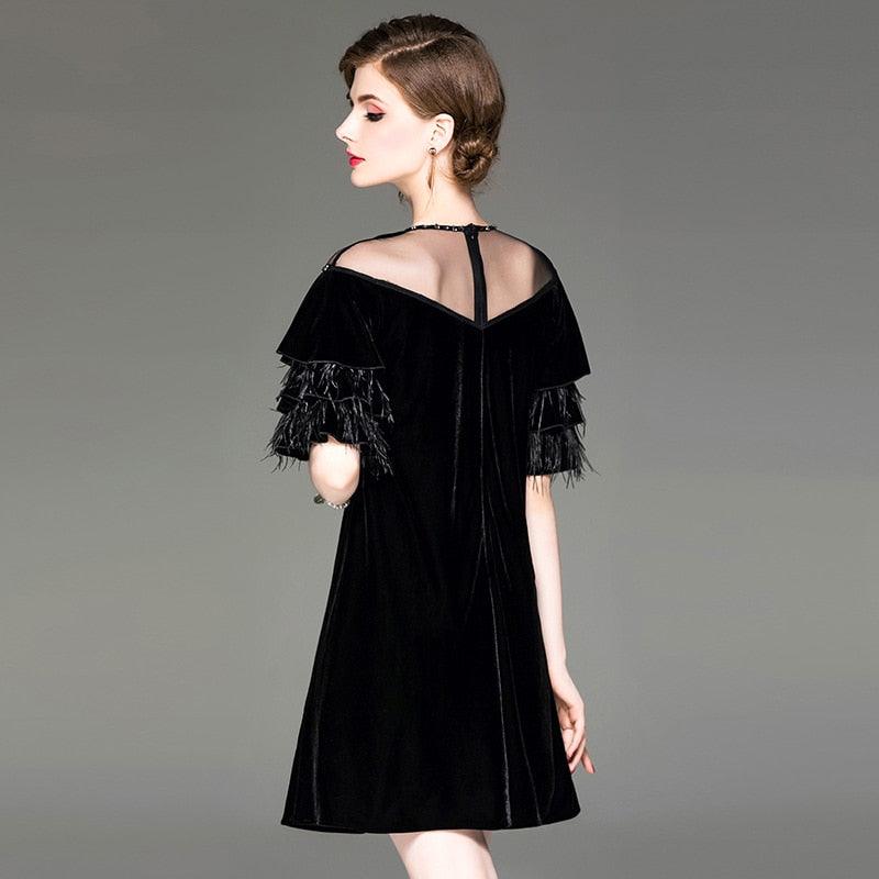 Autumn new women beaded mesh round neck velvet dress ostrich feather lotus leaf sleeve dresses - ItemBear.com