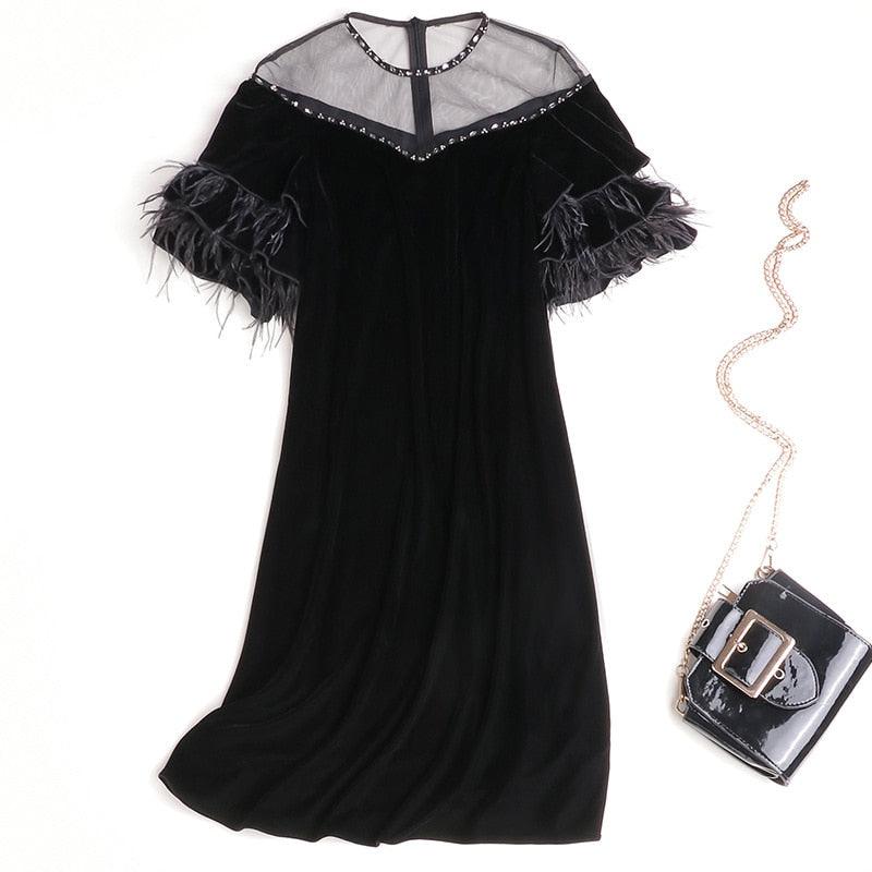 Autumn new women beaded mesh round neck velvet dress ostrich feather lotus leaf sleeve dresses - ItemBear.com