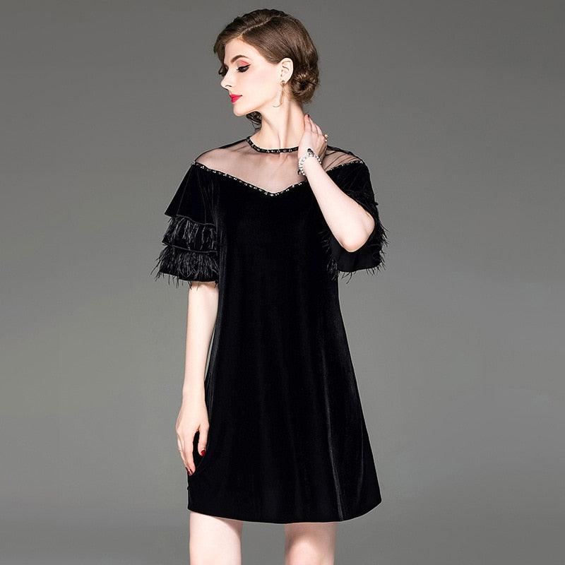 Autumn new women beaded mesh round neck velvet dress ostrich feather lotus leaf sleeve dresses - ItemBear.com