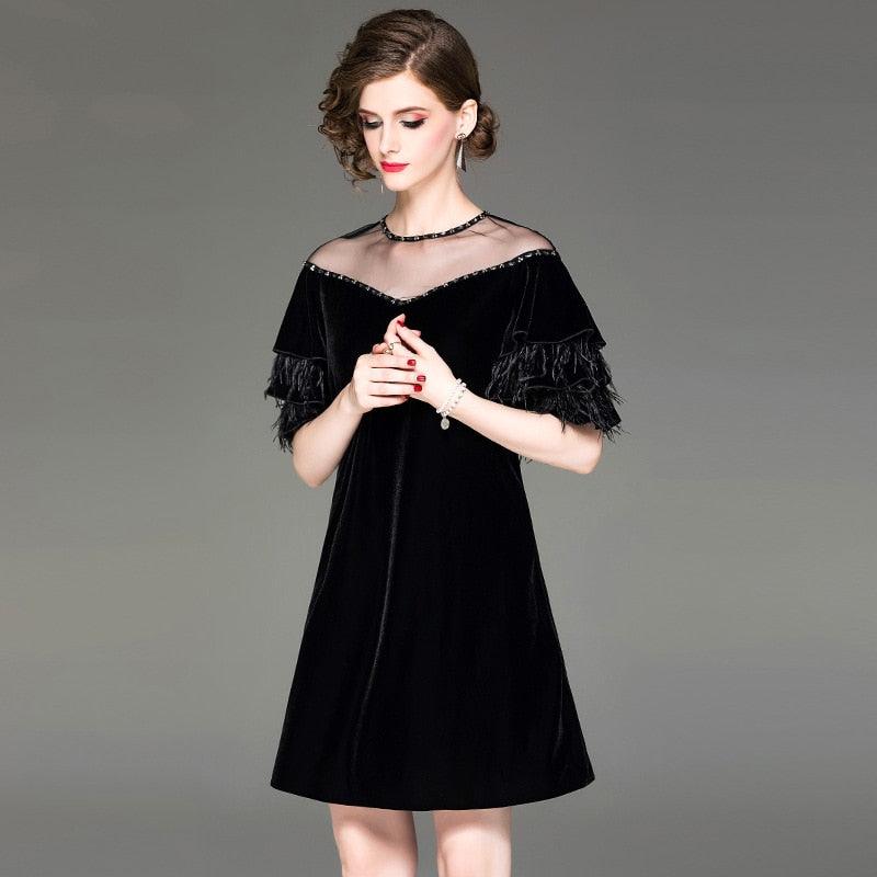 Autumn new women beaded mesh round neck velvet dress ostrich feather lotus leaf sleeve dresses - ItemBear.com