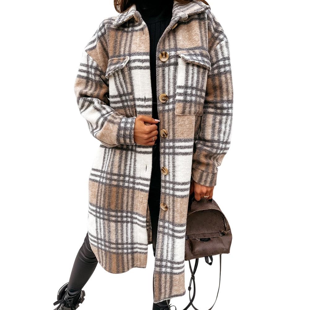 Autumn Winter Women Checked Jacket Casual Turn Down Collar Plaid Long Coat Female Oversized Thick Warm Woolen Blends Overcoat - ItemBear.com