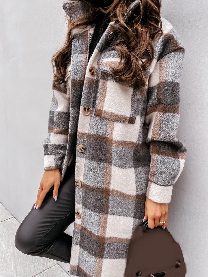 Autumn Winter Women Checked Jacket Casual Turn Down Collar Plaid Long Coat Female Oversized Thick Warm Woolen Blends Overcoat - ItemBear.com