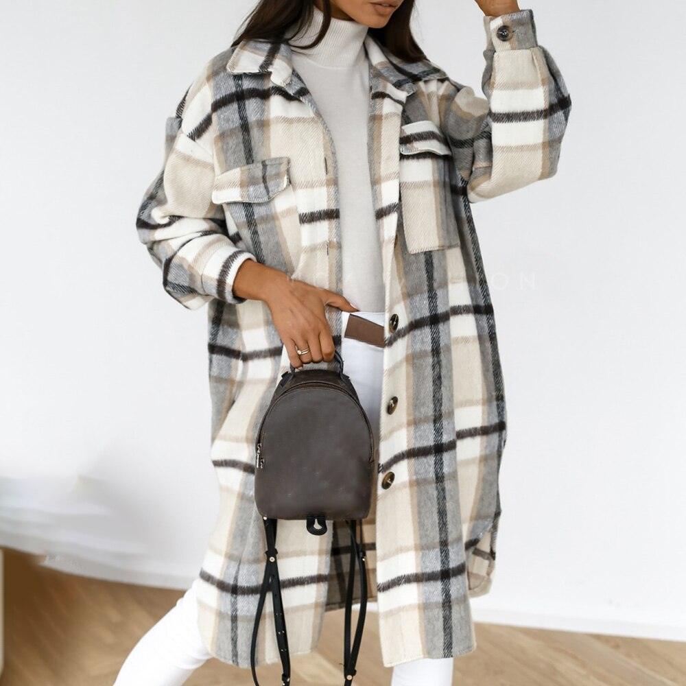 Autumn Winter Women Checked Jacket Casual Turn Down Collar Plaid Long Coat Female Oversized Thick Warm Woolen Blends Overcoat - ItemBear.com