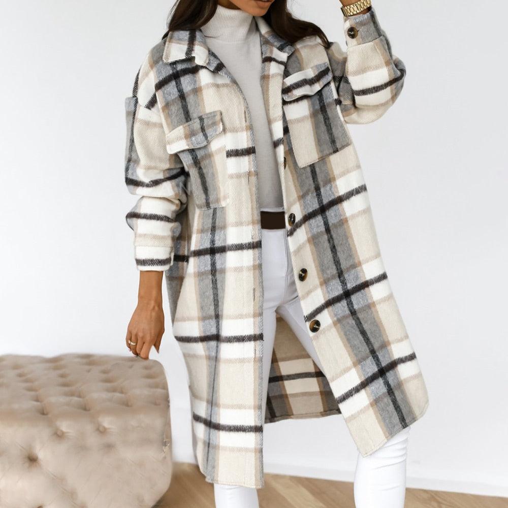 Autumn Winter Women Checked Jacket Casual Turn Down Collar Plaid Long Coat Female Oversized Thick Warm Woolen Blends Overcoat - ItemBear.com