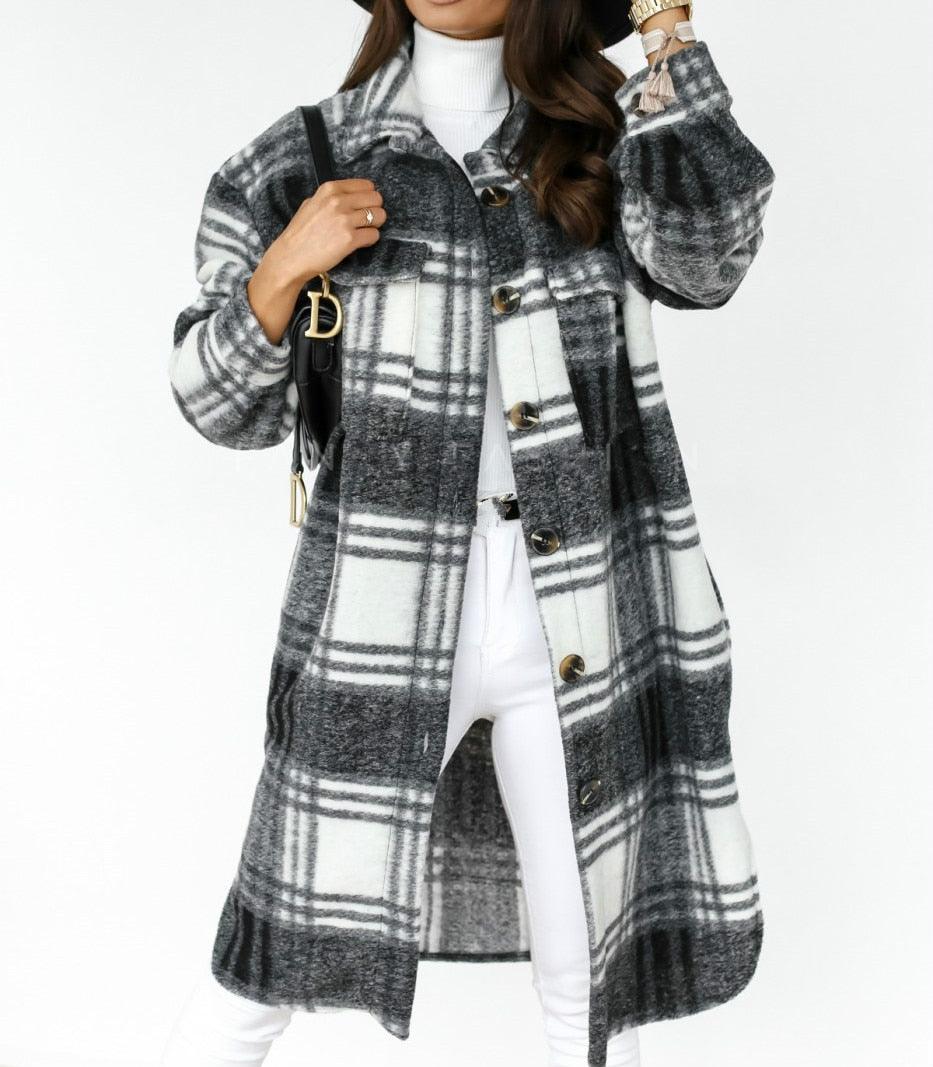Autumn Winter Women Checked Jacket Casual Turn Down Collar Plaid Long Coat Female Oversized Thick Warm Woolen Blends Overcoat - ItemBear.com