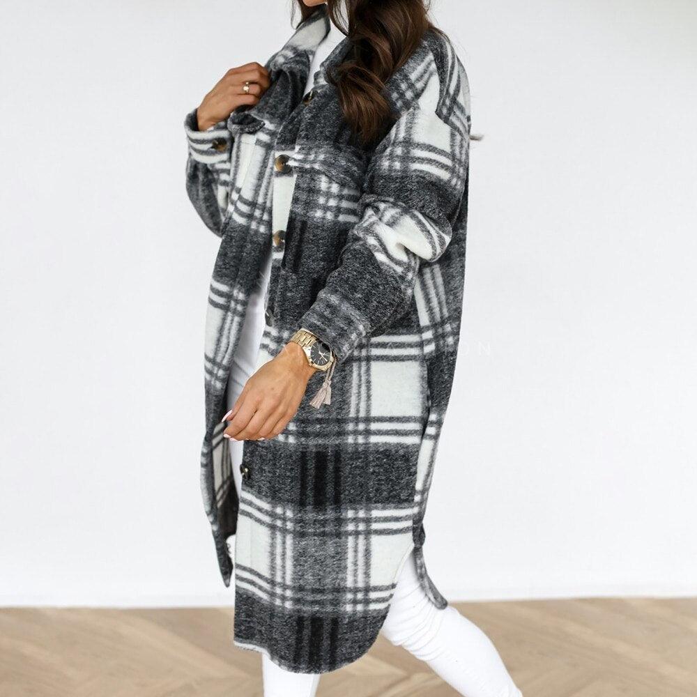 Autumn Winter Women Checked Jacket Casual Turn Down Collar Plaid Long Coat Female Oversized Thick Warm Woolen Blends Overcoat - ItemBear.com
