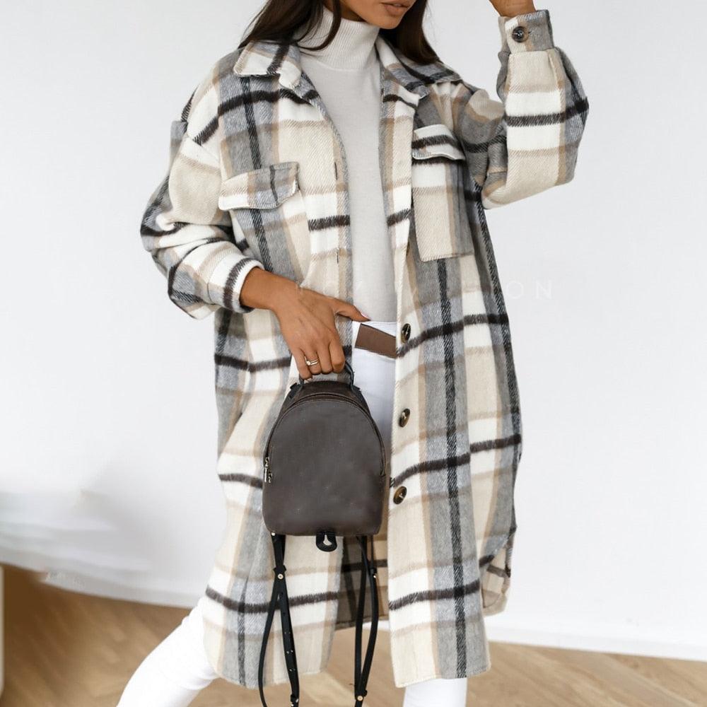 Autumn Winter Women Checked Jacket Casual Turn Down Collar Plaid Long Coat Female Oversized Thick Warm Woolen Blends Overcoat - ItemBear.com