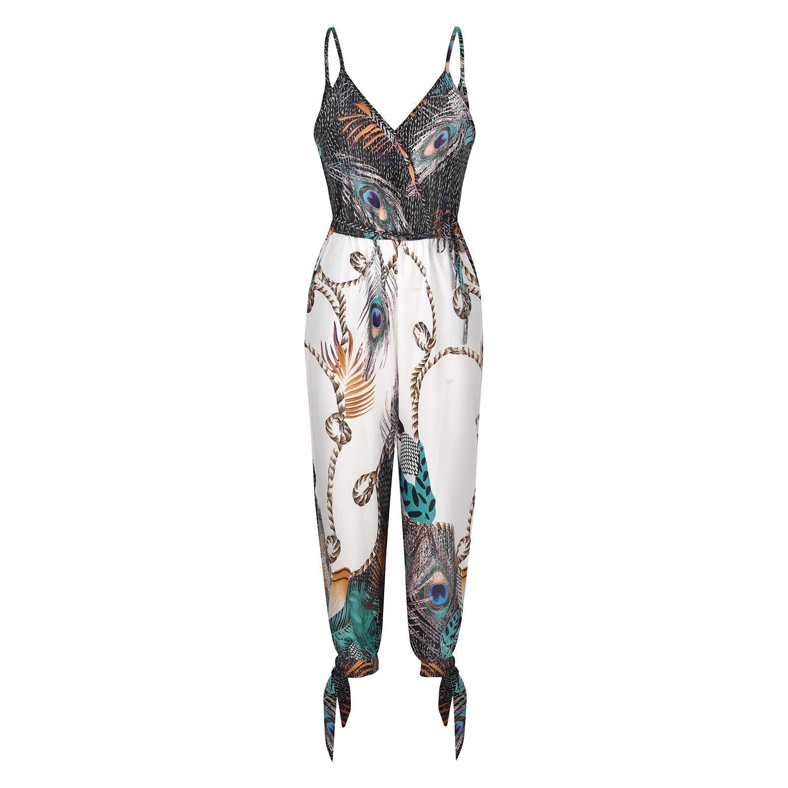 Autumn Women Casual Sleeveless V - Neck Jumpsuits Ladies Boho Floral Bodysuit Loose Long Pencil Side Slit Pants - ItemBear.com