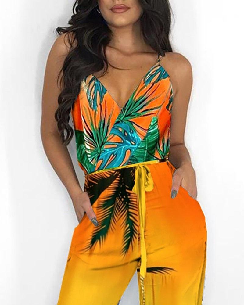 Autumn Women Casual Sleeveless V - Neck Jumpsuits Ladies Boho Floral Bodysuit Loose Long Pencil Side Slit Pants - ItemBear.com