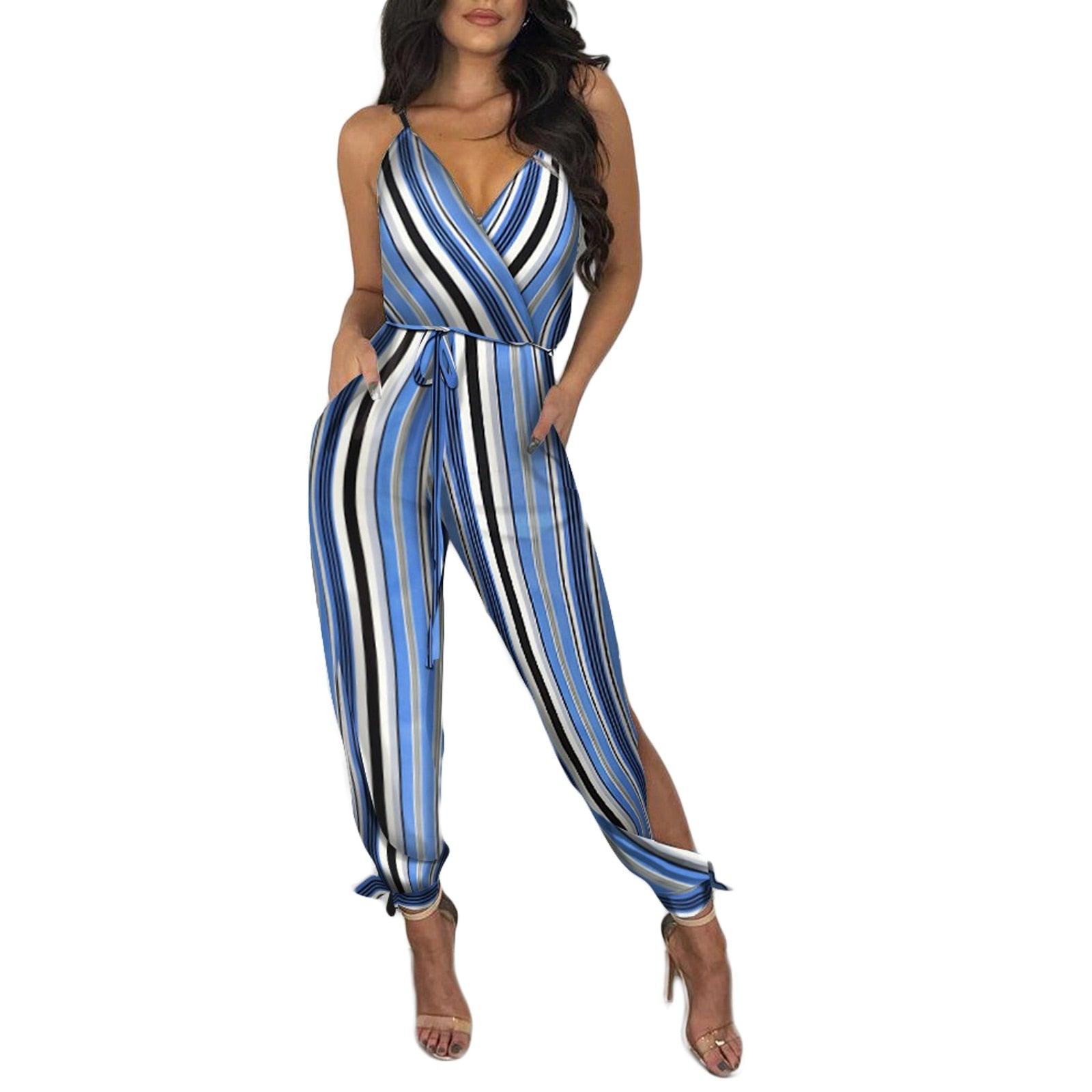 Autumn Women Casual Sleeveless V - Neck Jumpsuits Ladies Boho Floral Bodysuit Loose Long Pencil Side Slit Pants - ItemBear.com