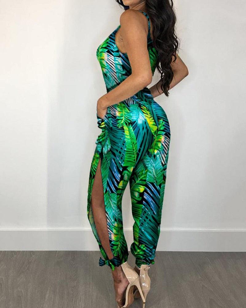 Autumn Women Casual Sleeveless V - Neck Jumpsuits Ladies Boho Floral Bodysuit Loose Long Pencil Side Slit Pants - ItemBear.com