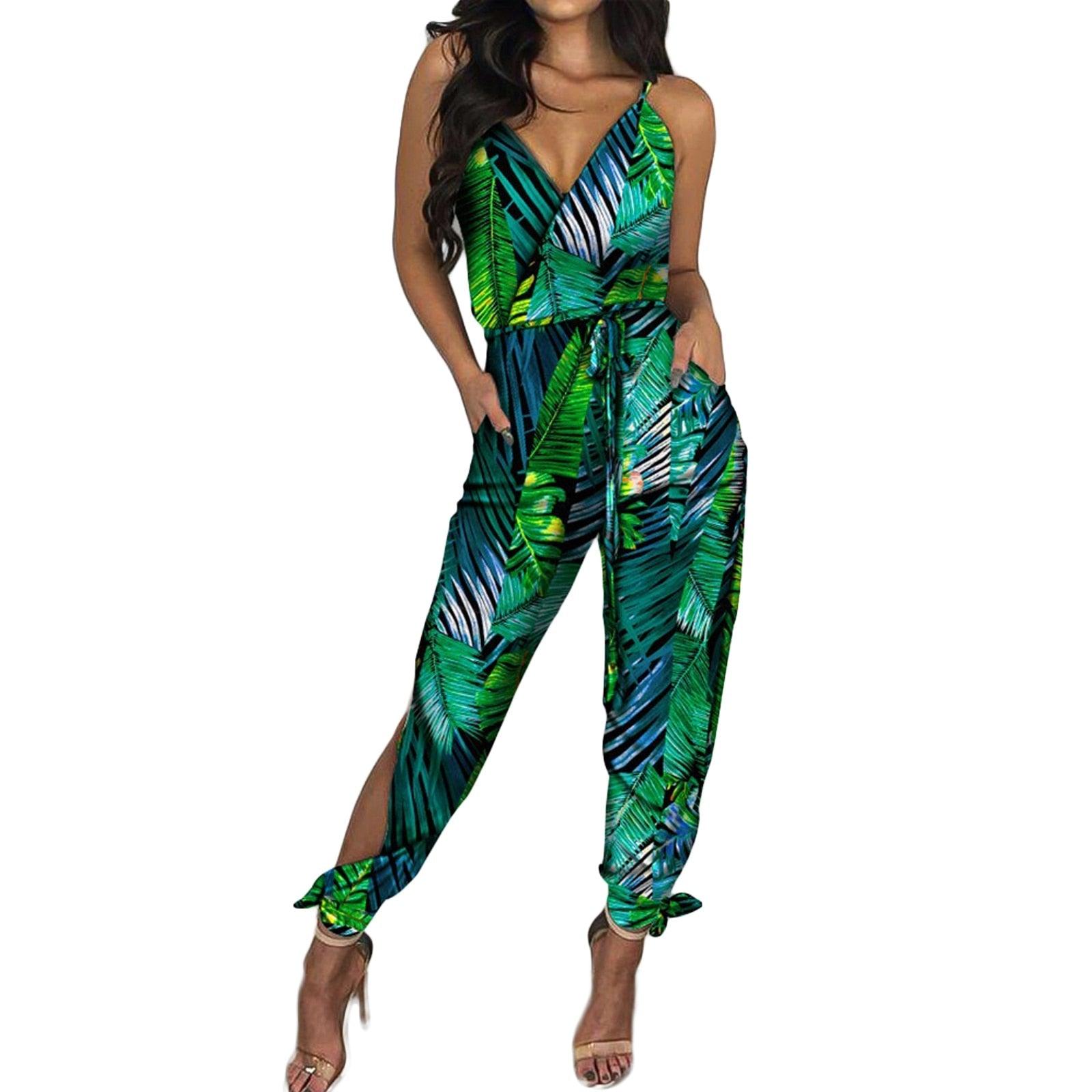 Autumn Women Casual Sleeveless V - Neck Jumpsuits Ladies Boho Floral Bodysuit Loose Long Pencil Side Slit Pants - ItemBear.com