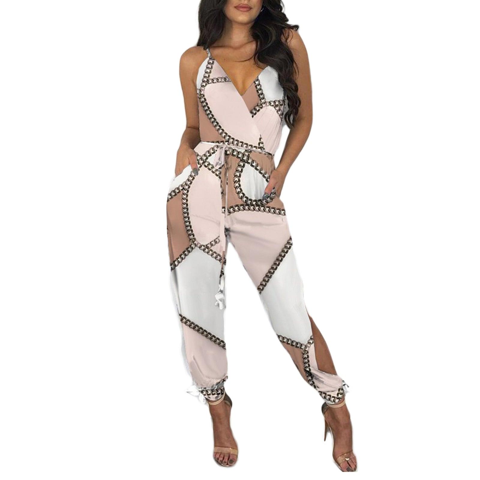 Autumn Women Casual Sleeveless V - Neck Jumpsuits Ladies Boho Floral Bodysuit Loose Long Pencil Side Slit Pants - ItemBear.com