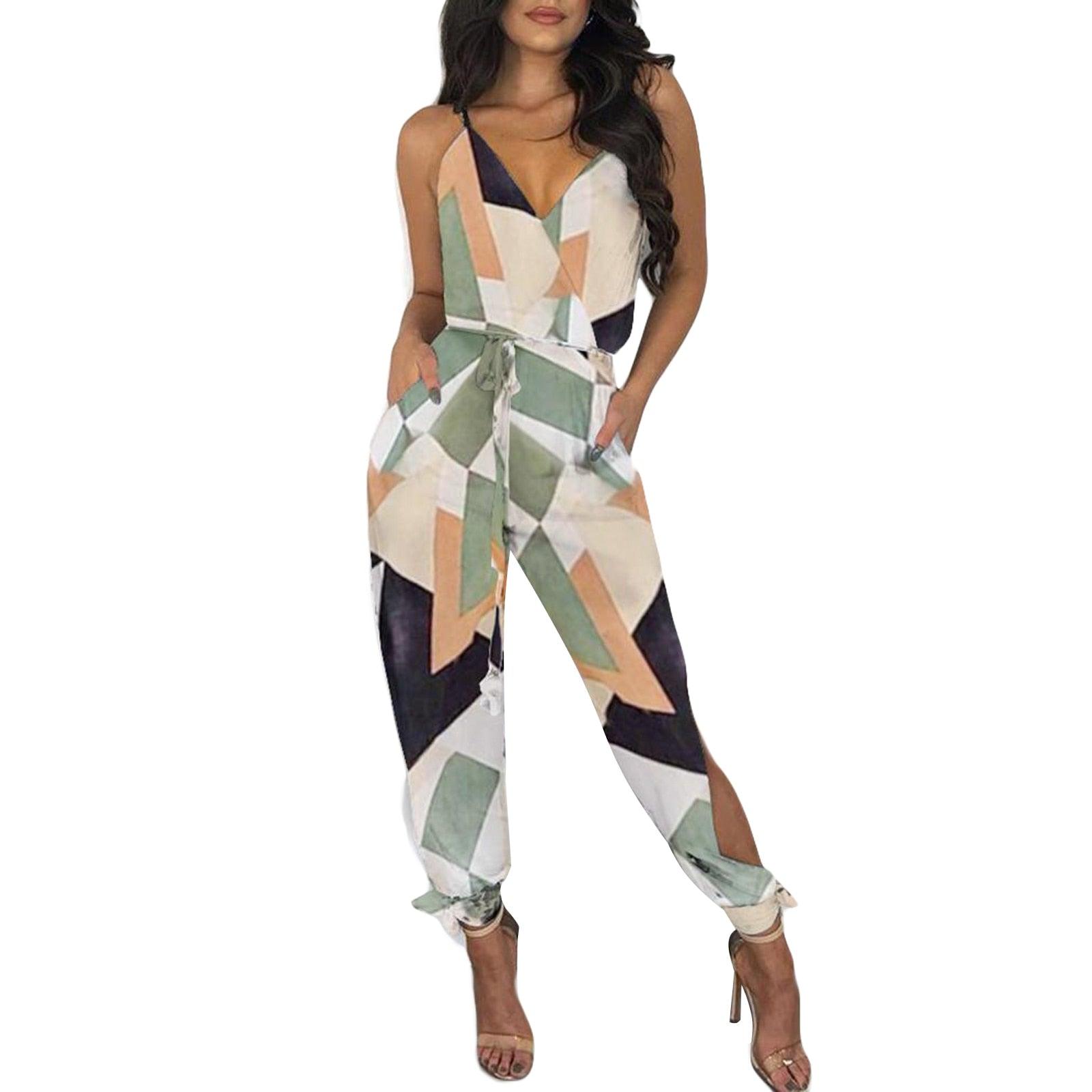 Autumn Women Casual Sleeveless V - Neck Jumpsuits Ladies Boho Floral Bodysuit Loose Long Pencil Side Slit Pants - ItemBear.com