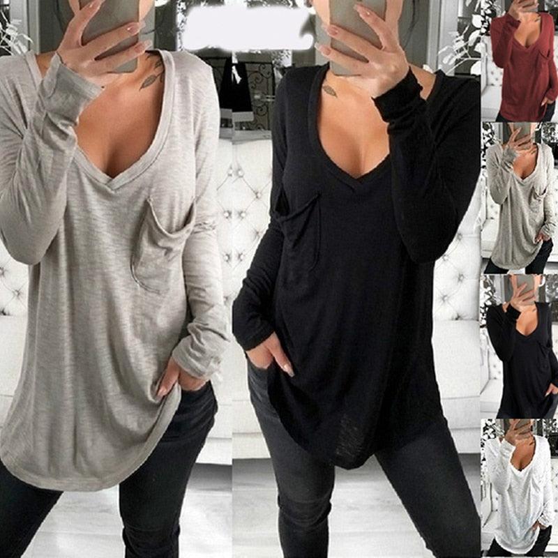 Autumn Women Korean T Shirt Basic V Neck Long Sleeve Fitted Plain Top Solid Stretch Shirt Clothing Tops Slim T Shirts - ItemBear.com