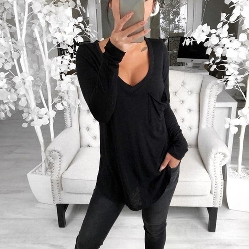 Autumn Women Korean T Shirt Basic V Neck Long Sleeve Fitted Plain Top Solid Stretch Shirt Clothing Tops Slim T Shirts - ItemBear.com