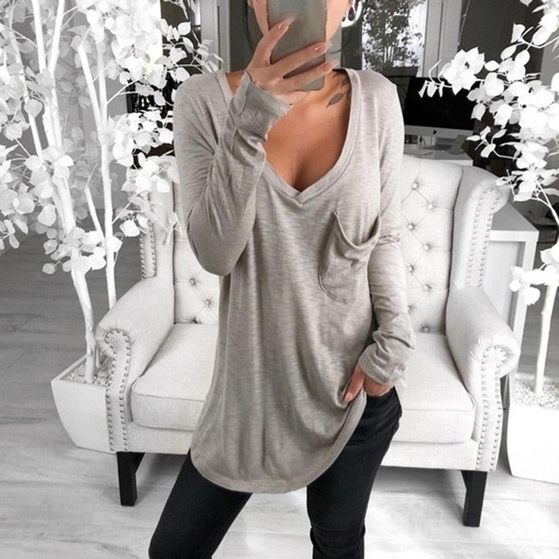 Autumn Women Korean T Shirt Basic V Neck Long Sleeve Fitted Plain Top Solid Stretch Shirt Clothing Tops Slim T Shirts - ItemBear.com
