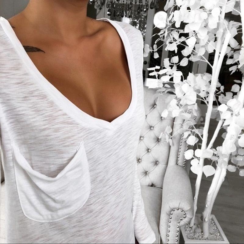 Autumn Women Korean T Shirt Basic V Neck Long Sleeve Fitted Plain Top Solid Stretch Shirt Clothing Tops Slim T Shirts - ItemBear.com