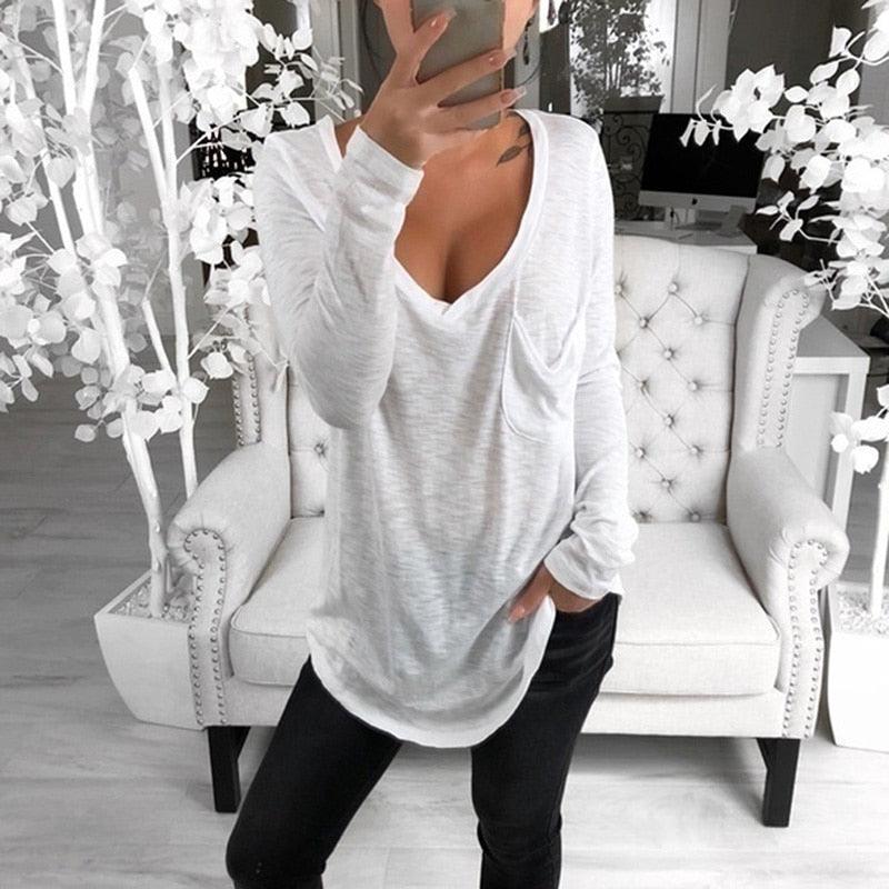 Autumn Women Korean T Shirt Basic V Neck Long Sleeve Fitted Plain Top Solid Stretch Shirt Clothing Tops Slim T Shirts - ItemBear.com