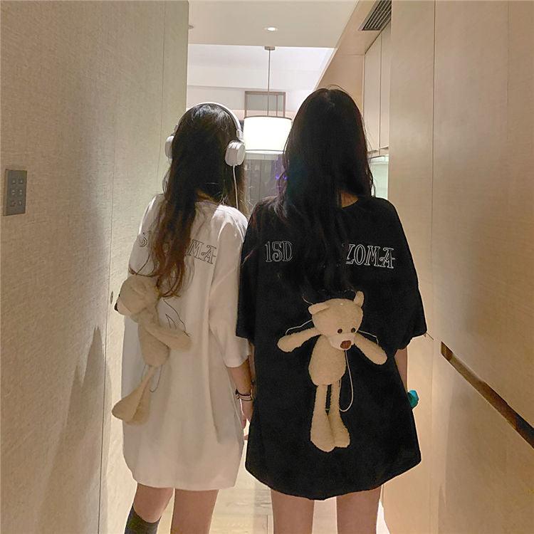 Bear T - shirt girlfriends outfit summer loose short - sleeved bf wind couple outfit mid - length half - sleeved top women's and men's trendy ins - ItemBear.com