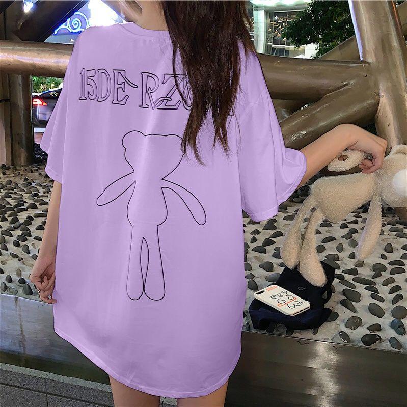 Bear T - shirt girlfriends outfit summer loose short - sleeved bf wind couple outfit mid - length half - sleeved top women's and men's trendy ins - ItemBear.com