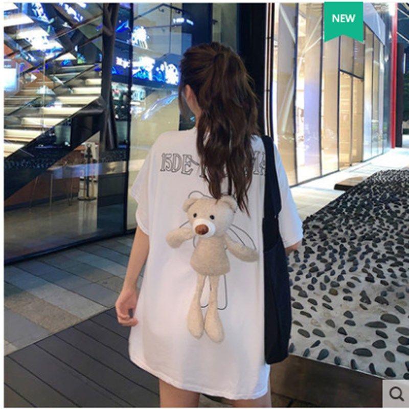 Bear T - shirt girlfriends outfit summer loose short - sleeved bf wind couple outfit mid - length half - sleeved top women's and men's trendy ins - ItemBear.com