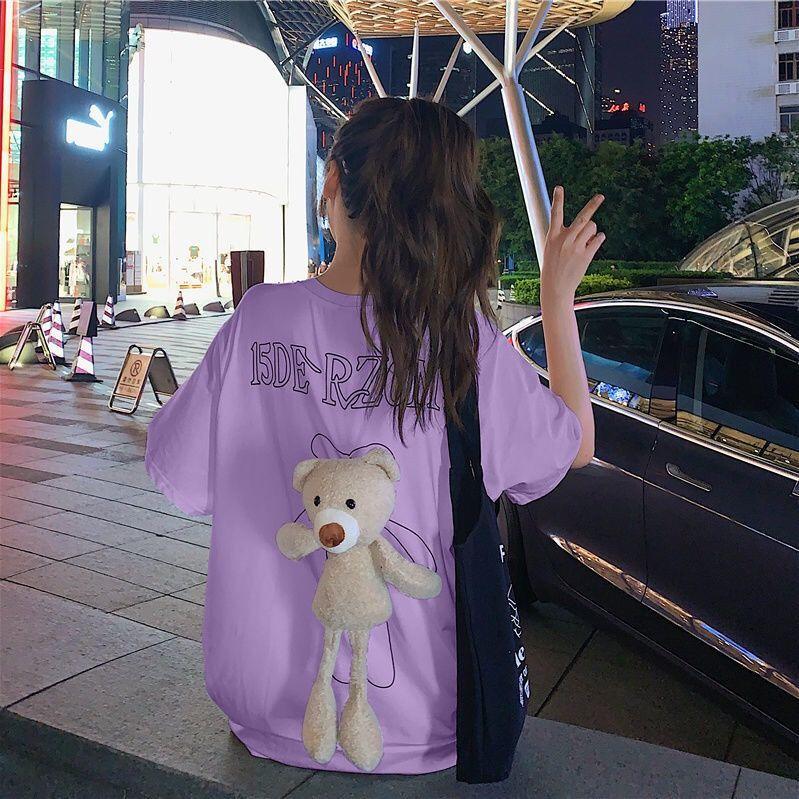 Bear T - shirt girlfriends outfit summer loose short - sleeved bf wind couple outfit mid - length half - sleeved top women's and men's trendy ins - ItemBear.com