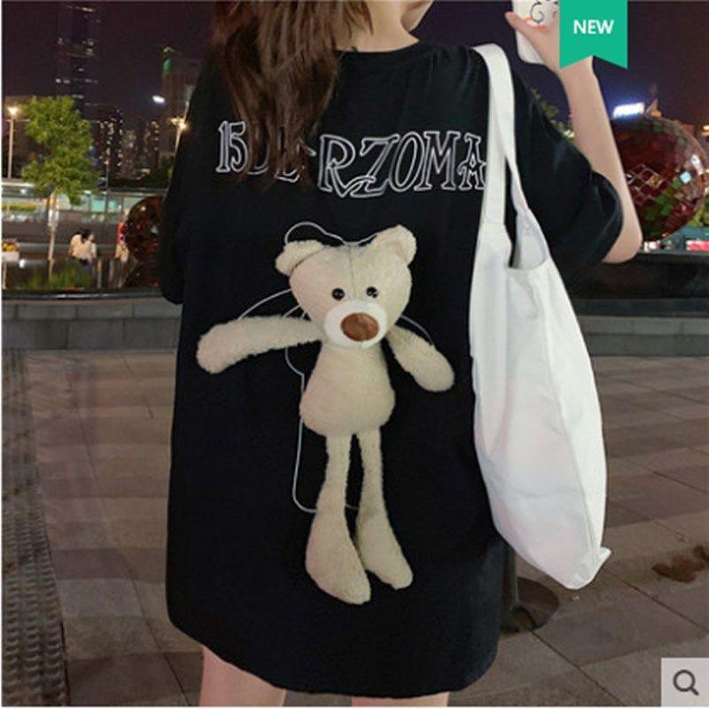 Bear T - shirt girlfriends outfit summer loose short - sleeved bf wind couple outfit mid - length half - sleeved top women's and men's trendy ins - ItemBear.com