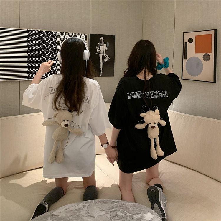 Bear T - shirt girlfriends outfit summer loose short - sleeved bf wind couple outfit mid - length half - sleeved top women's and men's trendy ins - ItemBear.com