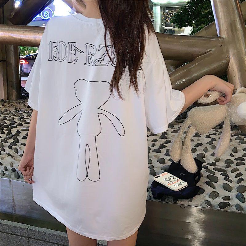 Bear T - shirt girlfriends outfit summer loose short - sleeved bf wind couple outfit mid - length half - sleeved top women's and men's trendy ins - ItemBear.com