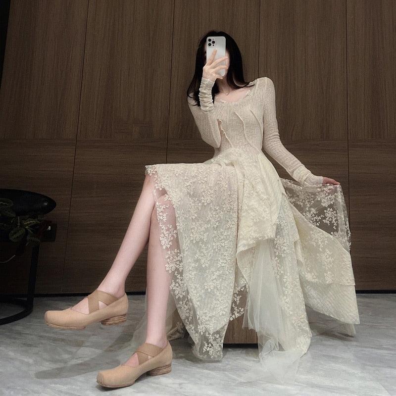 Beige Lace Layered Dress - ItemBear.com